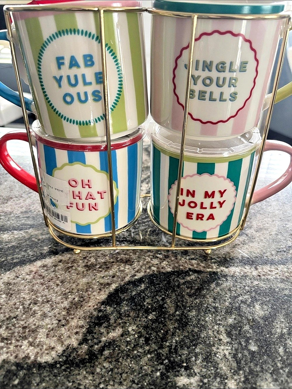 Multicolor Holiday Mug Set with Gold-Tone Rack